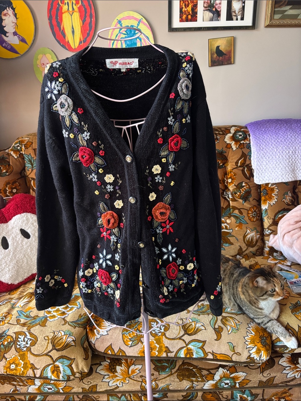 Hubao Embroidered Floral Cardigan Black & Red